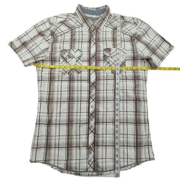 BKE Mens Tailored Fit Plaid Shirt XL White Brown Short Sleeve Pearl Button - Picture 7 of 12